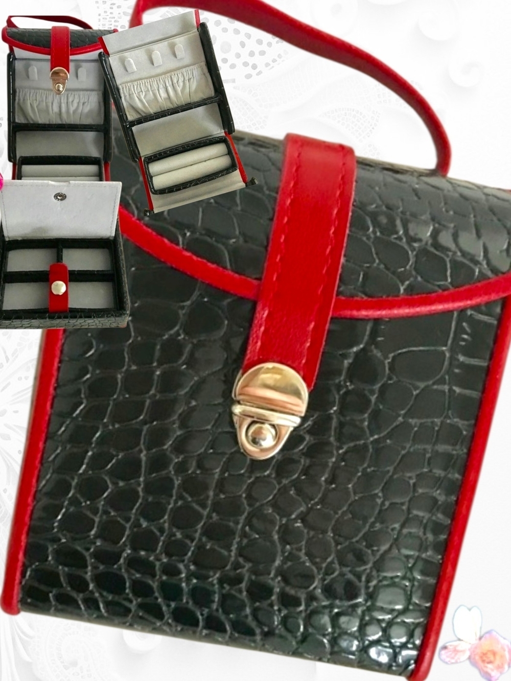 Guang Tong Travel Jewelry Box Mini – NWT Black/Red Croc
